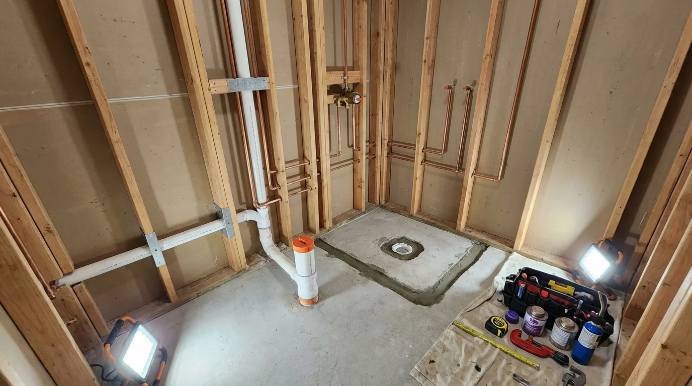 Bathroom rough-in plumbing during remodel by Johns Plumbing LLC in Sheboygan Falls
