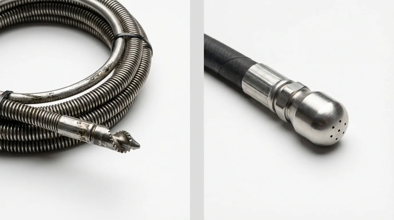 Drain snake cable and hydro jetting nozzle used for drain cleaning in Sheboygan Falls, WI