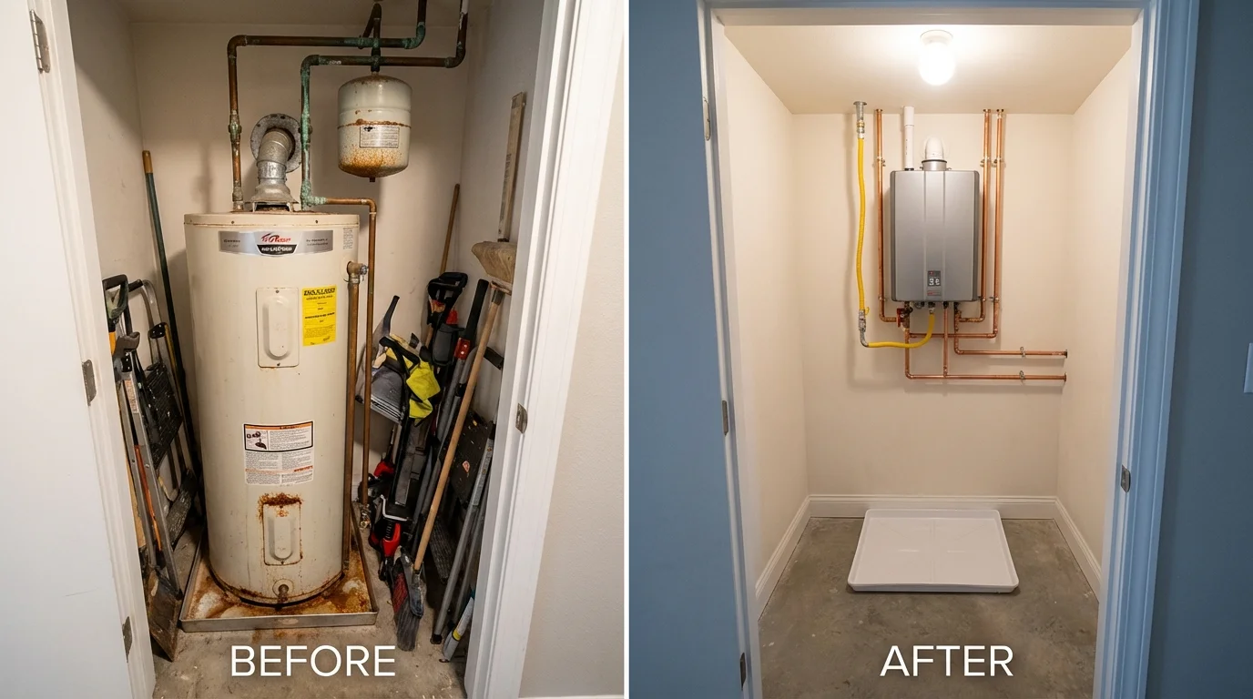 Tank water heater versus wall-mounted tankless unit comparison for Sheboygan Falls, WI homeowners