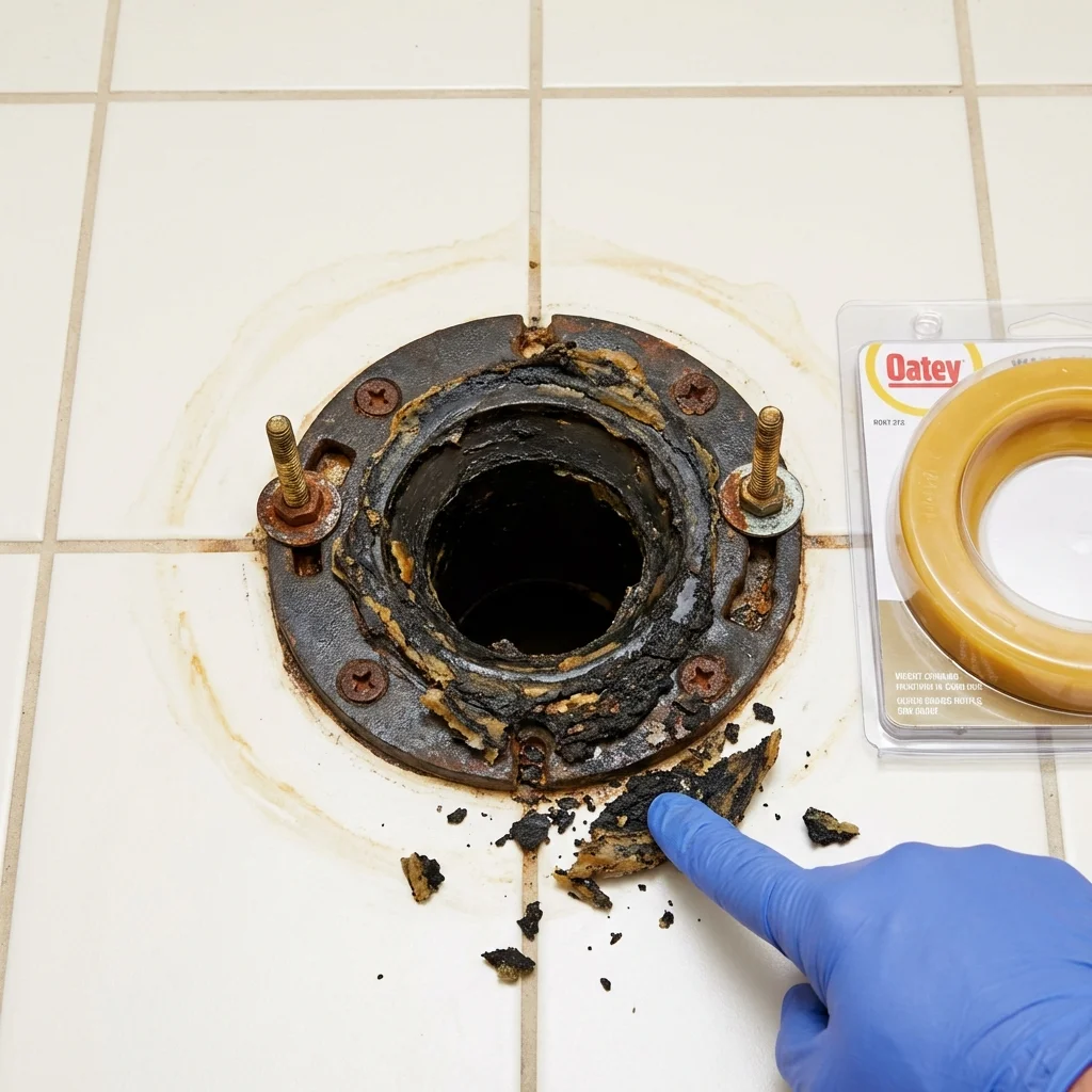 Failed wax ring showing water seepage at the base of a toilet in a Sheboygan Falls, WI home