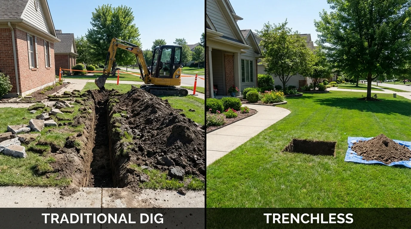 Trenchless sewer repair with minimal yard damage versus traditional excavation in Sheboygan Falls, WI