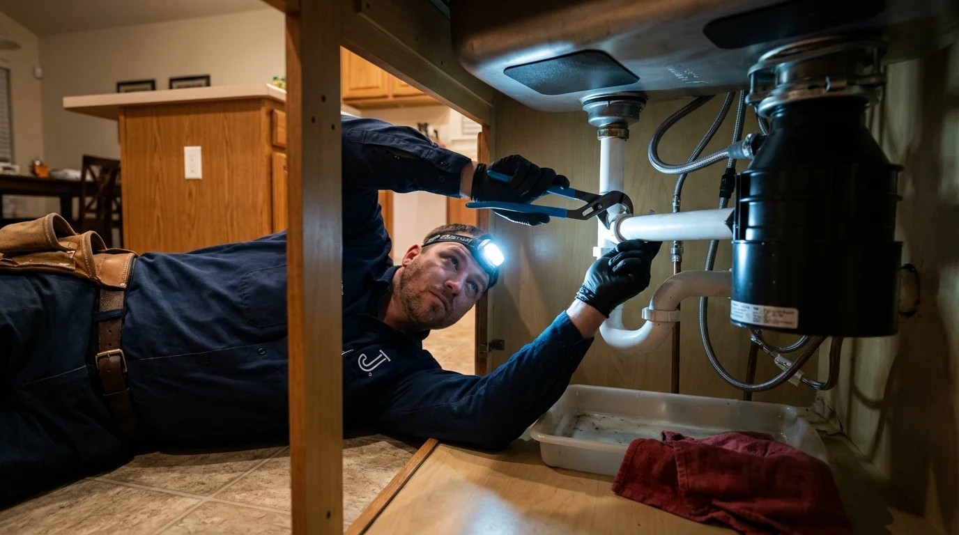 P-trap and supply line connections under a kitchen sink showing a common leak point in Sheboygan Falls, WI